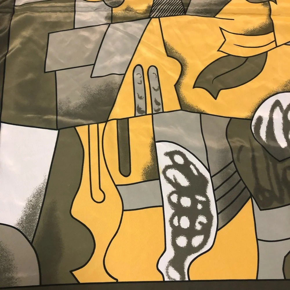 Picasso Design 100% Silk Scarf - Gold Green/Grey Black Geometric Abstract Modern